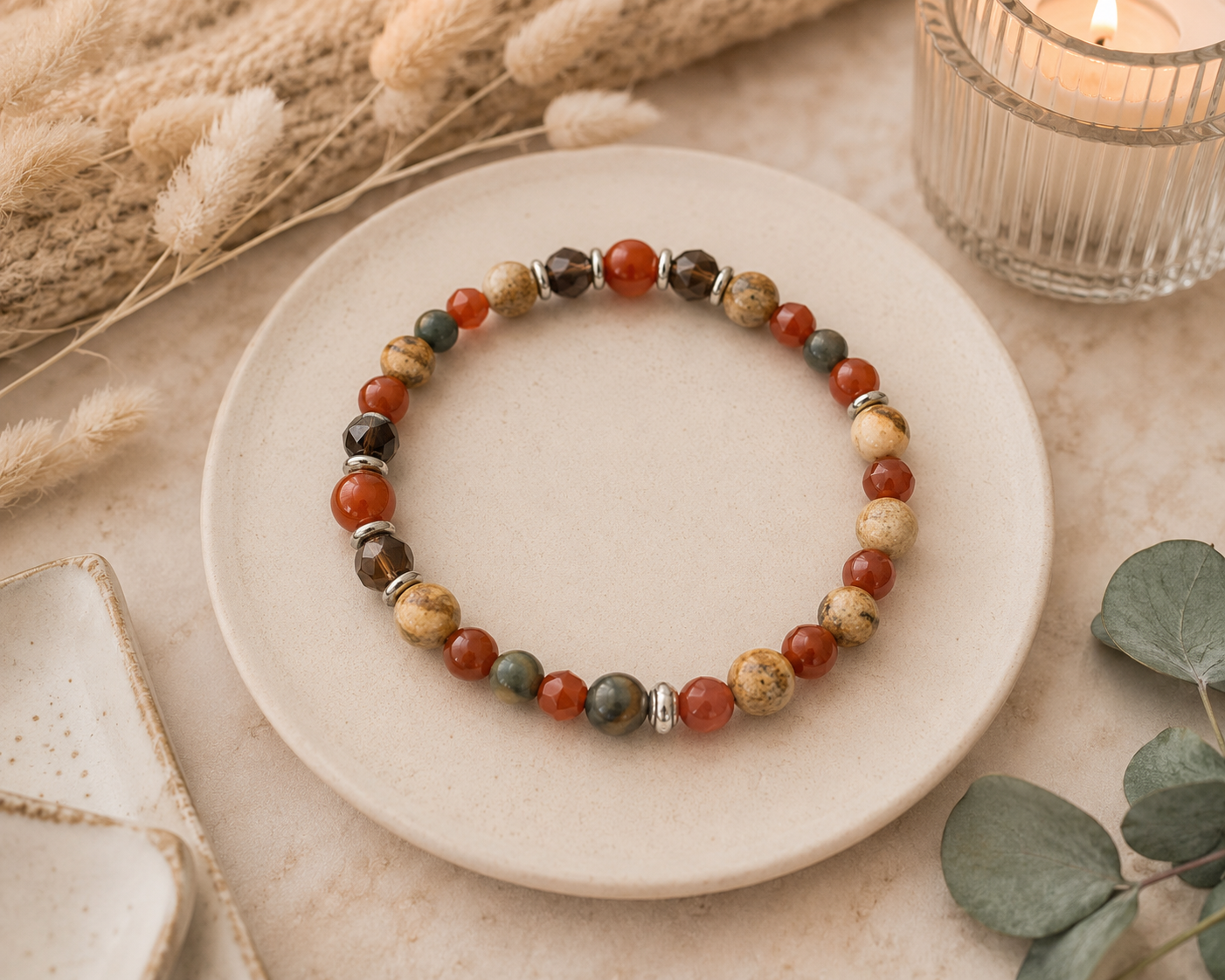 Bracelet Jaspe Picasso, Jaspe rouge et Quartz fumé - Pierres minérales