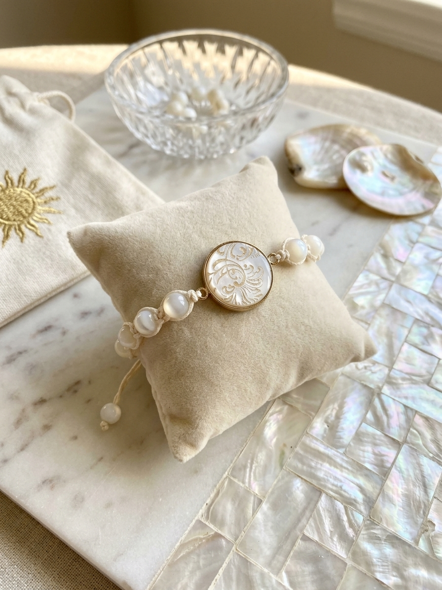 Bracelet délicat de perles fines sur macramé et pièce de porcelaine