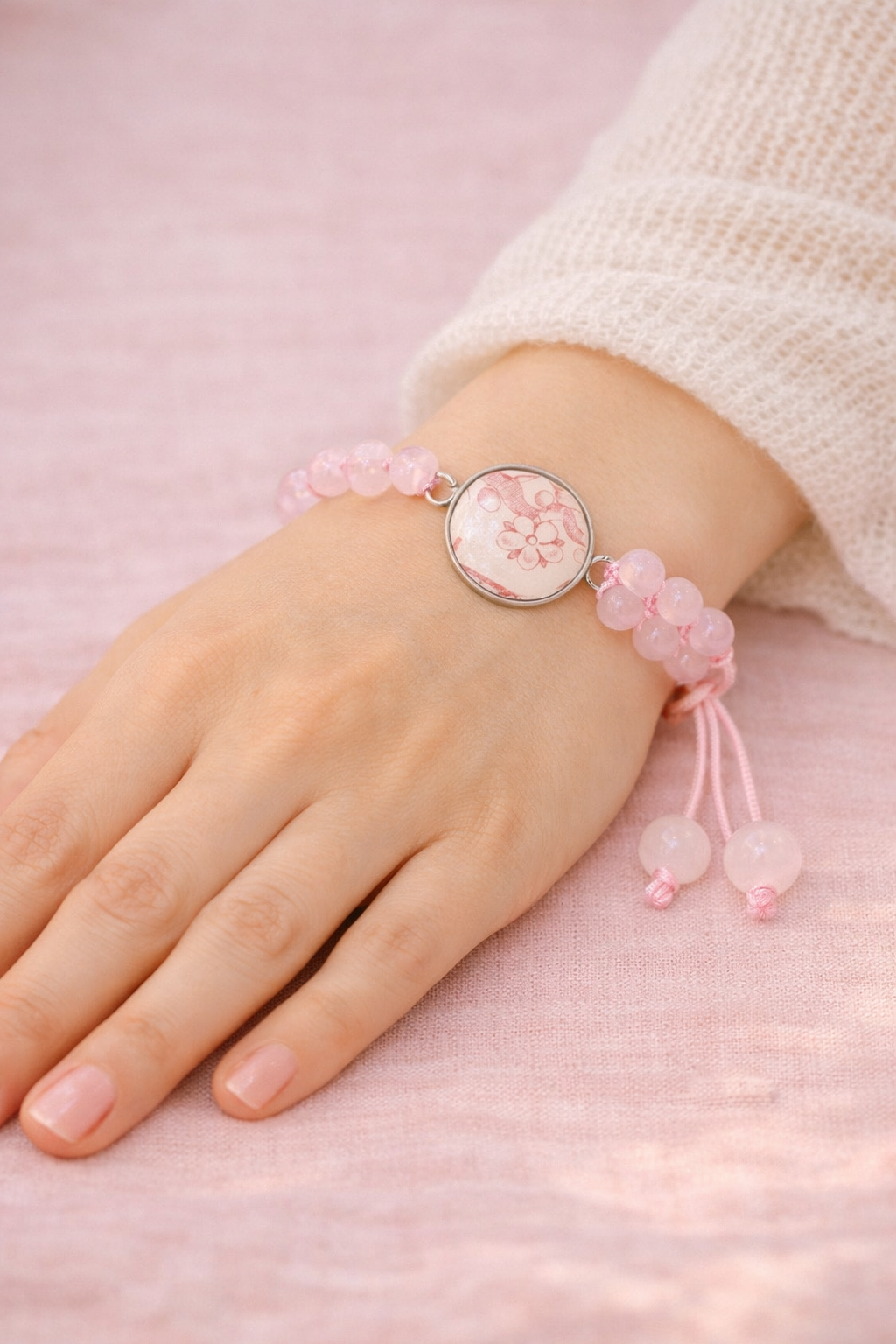 Bracelet en quartz rose sur macramé