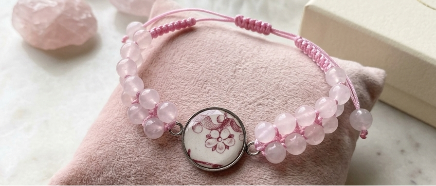 Bracelet en quartz rose sur macramé
