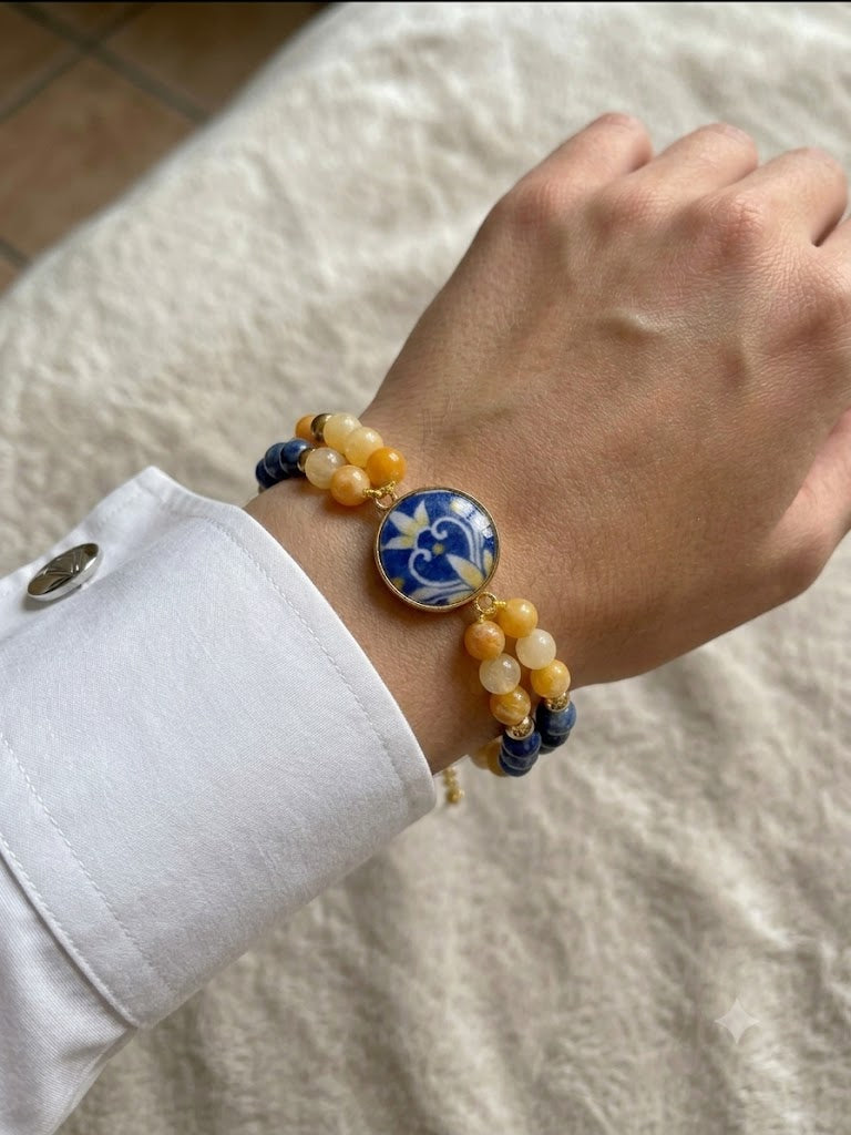 Bracelet en Ambre, Calcite jaune et Sodalite