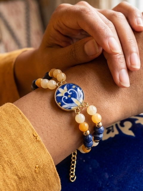 Bracelet en Ambre, Calcite jaune et Sodalite