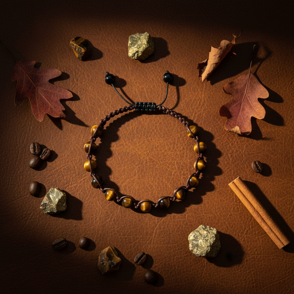 Bracelet Oeil de tigre et Tourmaline sur macramé cuir - Pierres minérales