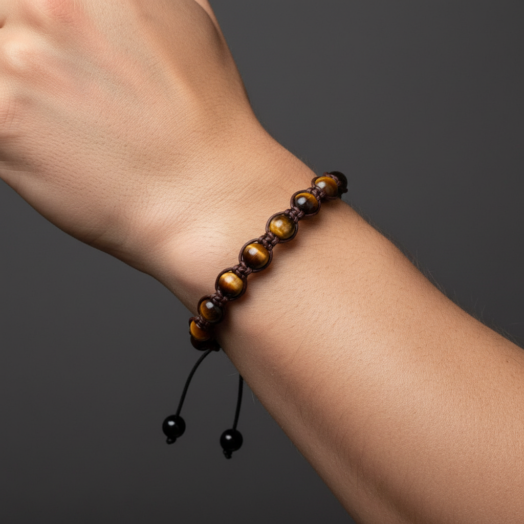 Bracelet Oeil de tigre et Tourmaline sur macramé cuir - Pierres minérales
