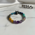 Bracelet Amazonite, Hématite, Azurite, Fluorite, Améthyste, Ambre, Pyrite et Apatite bleue
