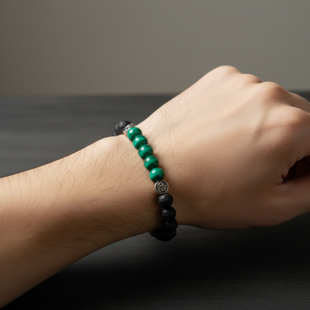 Bracelet Malachite et Pierre de Lave - Pierres minérales