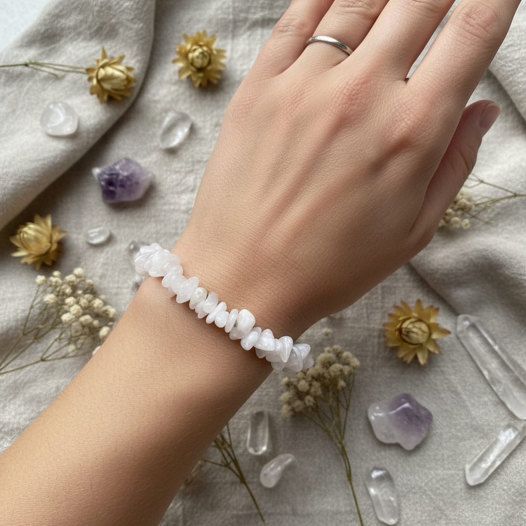 Bracelet pierre de lune sur bras vu de dessus avec déco