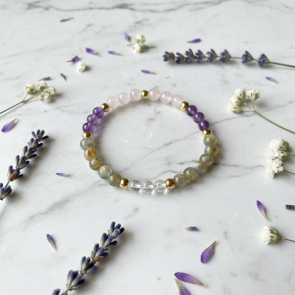 Bracelet Quartz Rose Pâle, Labradorite, Améthyste & Cristal de Roche
